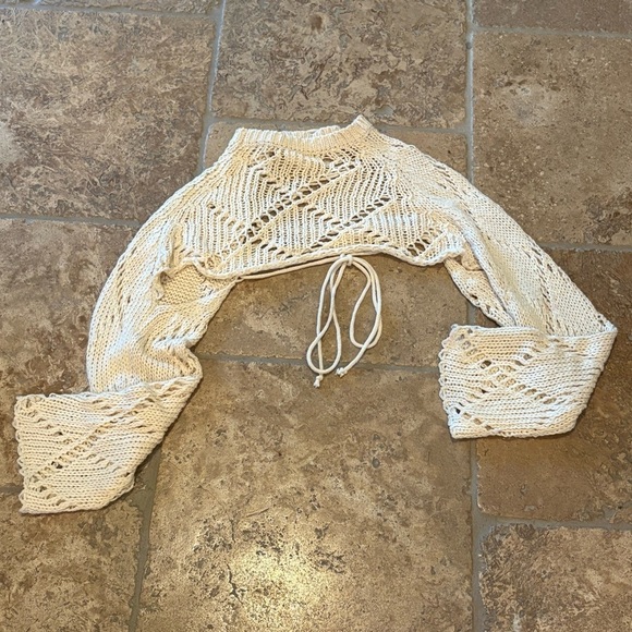 X.Y.Z Cream Lace Front Open Knit Cropped Sweater Festival Coachella- One Size - Picture 4 of 7
